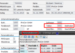 Abbildung 2: Infotyp 1 mit geöffneter F4-Hlife für den Personalteilbereich