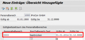 Abbildung 4: gesetzte Gültigkeit für den Personalteilbereich 0003 - Saarbrücken
