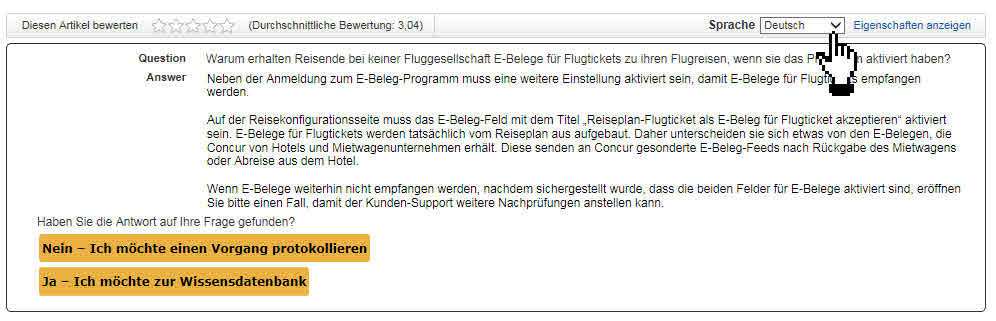 Sprachauswahl in der Concur Wissensdatenbank
